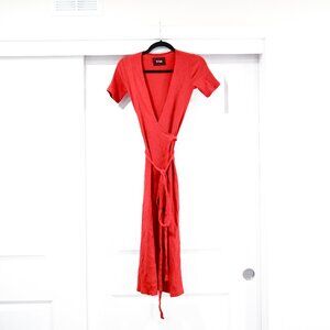 Reformation Small Wrap Ribbed Red Midi Dress